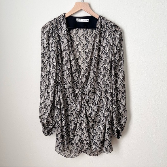 Zara Women Gray/Black Knotted Metallic Thread Mini Dress Size Large Long Sleeve - Picture 3 of 11